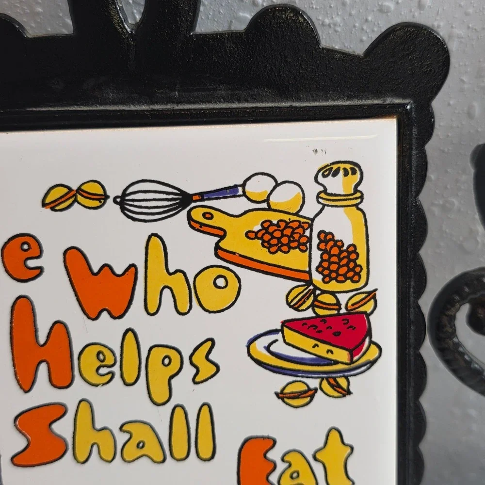 Vintage Cast Iron Trivets 'He Who Helps Shall Eat' Ceramic Tile‎ & Scroll Pair